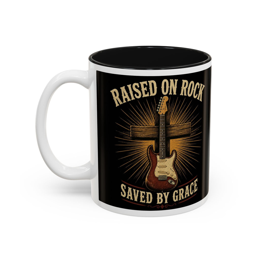 Raised on Rock Saved by Grace Mug, Christian Rock Coffee Mug, Faith Guitar Cup, Christian Musician Gift, Worship Leader Gift