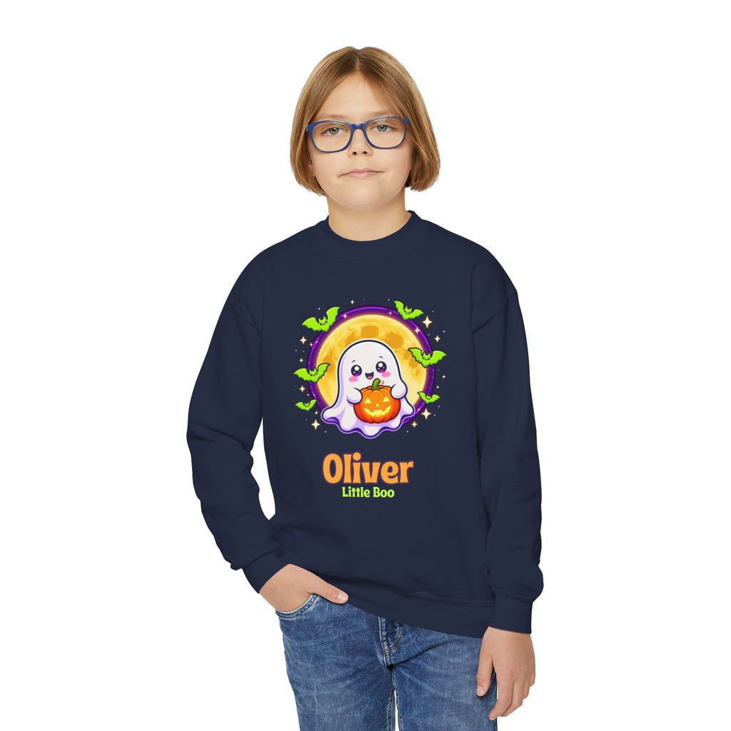 Personalized Halloween Kids Sweatshirt, Custom Name Ghost Crewneck, Little Boo Youth Sweater, Spooky Kids Halloween Shirt Gift