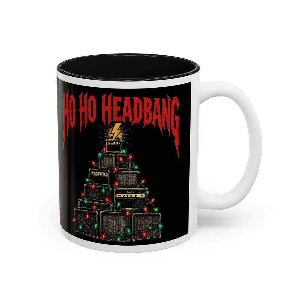Ho Ho Headbang Christmas Mug, Heavy Metal Coffee Mug, Rock and Roll Holiday Cup, Guitar Amp Christmas Tree, Metalhead Gift for Him