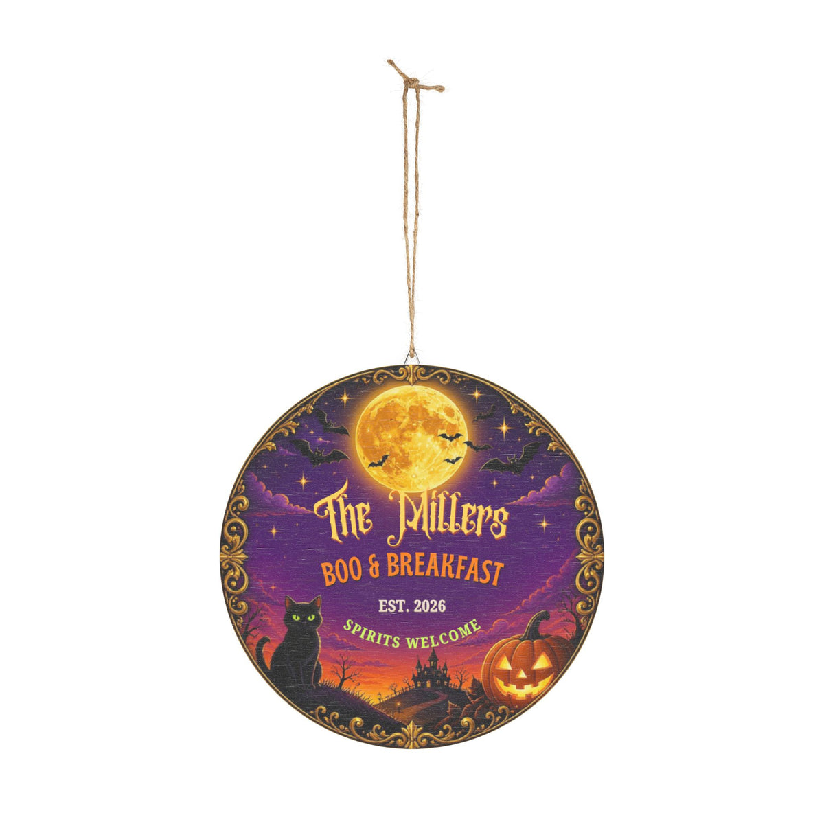 Personalized Halloween Family Name Sign, Boo and Breakfast Round Wood Door Sign, Custom Spooky Porch Decor, Halloween Gift