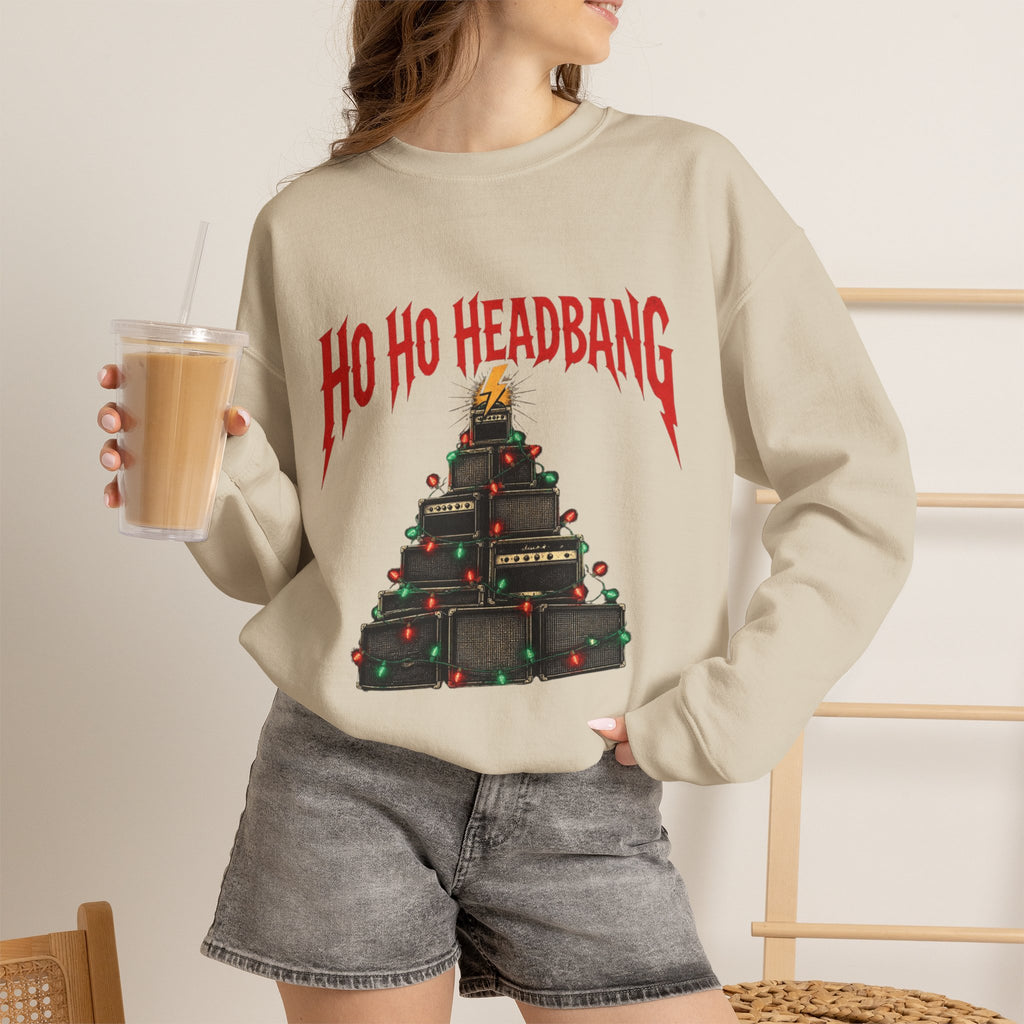 Ho Ho Headbang Christmas Sweatshirt, Heavy Metal Christmas Sweater, Rock and Roll Holiday Crewneck, Guitar Amp Tree, Metalhead Gift