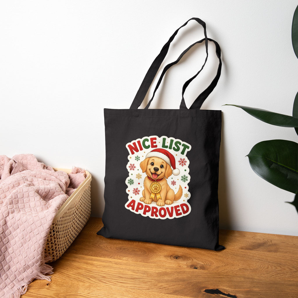 Nice List Approved Dog Tote Bag, Christmas Dog Canvas Tote, Golden Retriever Santa Bag, Dog Mom Gift, Dog Lover Christmas Tote