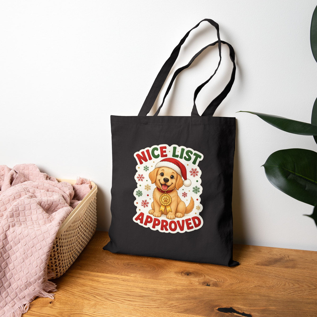 Nice List Approved Dog Tote Bag, Christmas Dog Canvas Tote, Golden Retriever Santa Bag, Dog Mom Gift, Dog Lover Christmas Tote