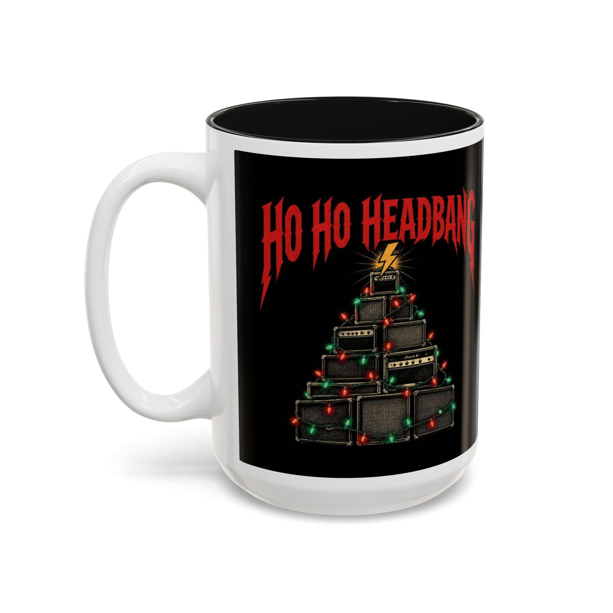 Ho Ho Headbang Christmas Mug, Heavy Metal Coffee Mug, Rock and Roll Holiday Cup, Guitar Amp Christmas Tree, Metalhead Gift for Him