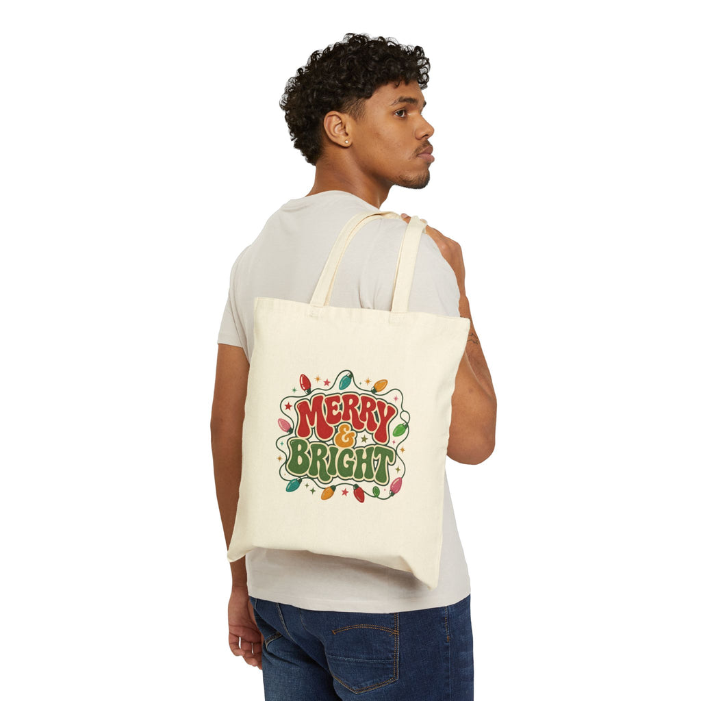 Merry and Bright Tote Bag, Retro Christmas Canvas Tote, Groovy Christmas Lights Bag, Vintage Holiday Tote, Cute Gift Bag