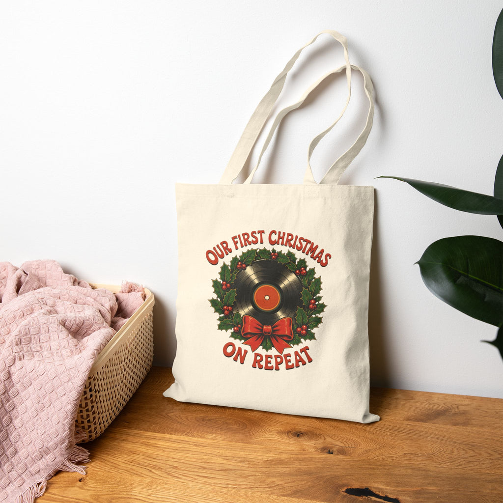 Our First Christmas Tote Bag, Vinyl Record Christmas Canvas Tote, Couples Christmas Gift Bag, Newlywed Gift, Music Lover Tote