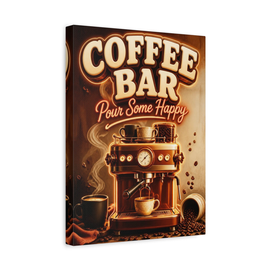 Coffee Bar Sign Canvas, Pour Some Happy Wall Art, Retro Espresso Kitchen Decor, Coffee Station Print, Coffee Lover Gift, Vertical Canvas