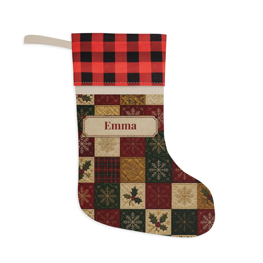 Personalized Christmas Stocking, Custom Name Stocking, Patchwork Quilt Stocking, Buffalo Plaid Cuff, Family Stockings, Kids Name Stocking