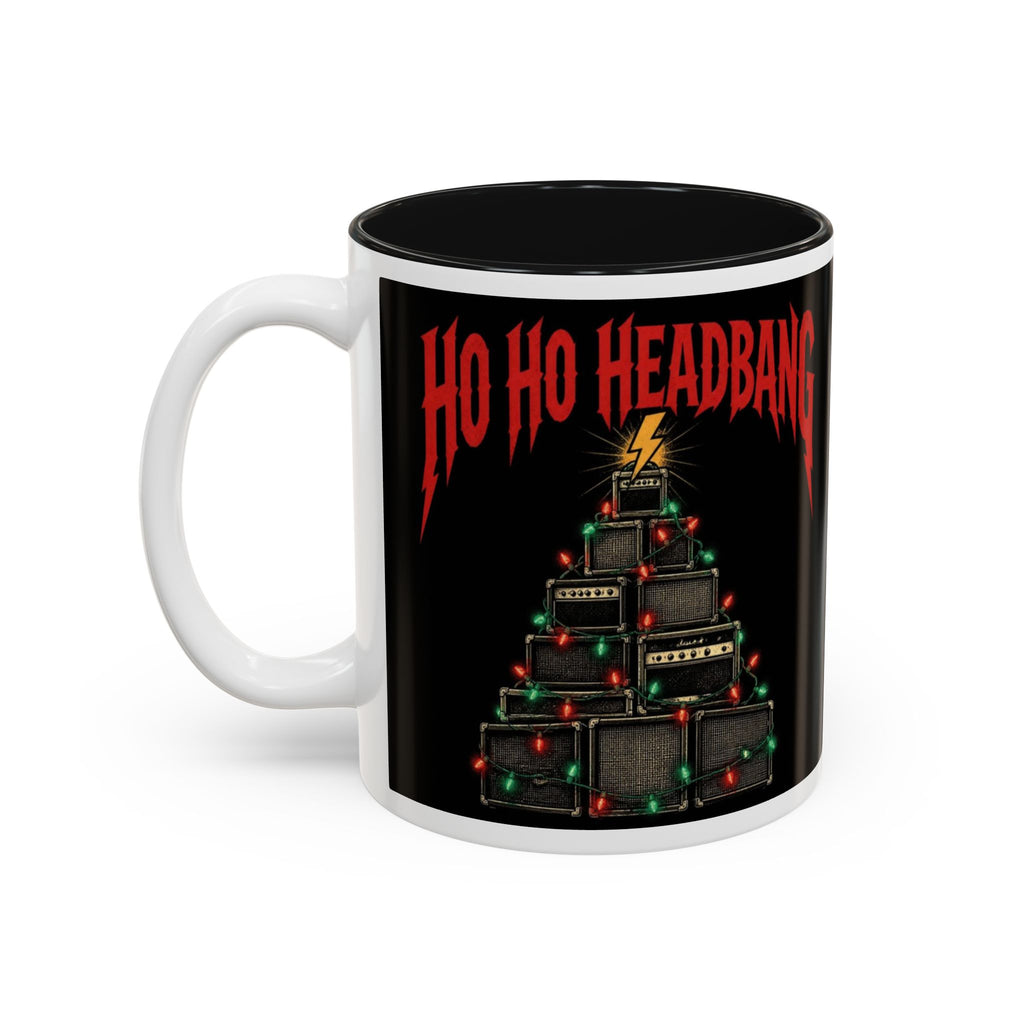Ho Ho Headbang Christmas Mug, Heavy Metal Coffee Mug, Rock and Roll Holiday Cup, Guitar Amp Christmas Tree, Metalhead Gift for Him