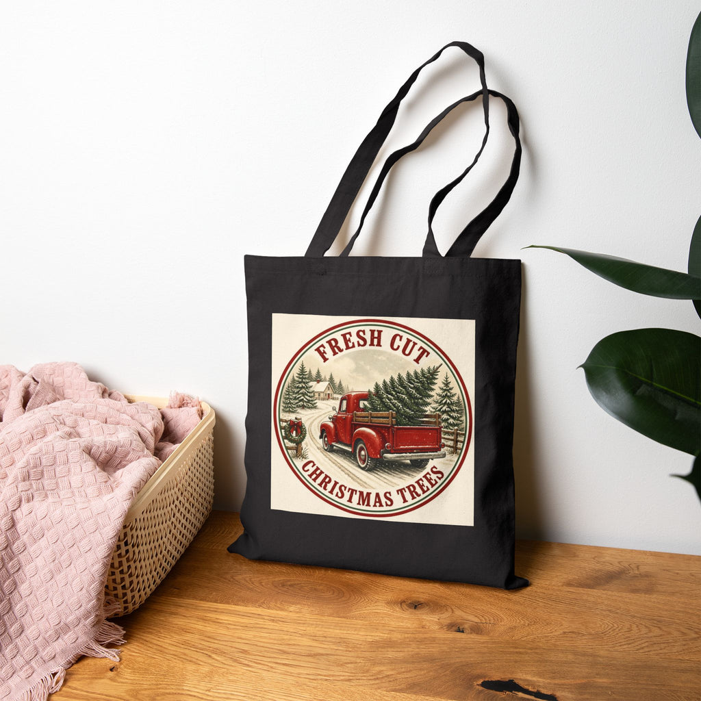 Fresh Cut Christmas Trees Tote Bag, Red Truck Christmas Canvas Tote, Vintage Tree Farm Bag, Farmhouse Christmas Gift Bag
