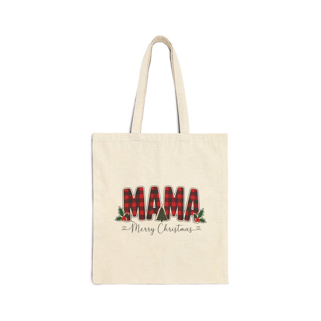 Mama Christmas Tote Bag, Buffalo Plaid Mama Canvas Tote, Merry Christmas Mom Bag, Red Plaid Holiday Tote, Gift for Mom