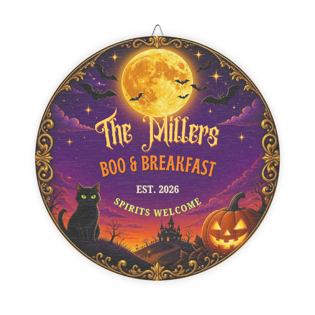 Personalized Halloween Family Name Sign, Boo and Breakfast Round Wood Door Sign, Custom Spooky Porch Decor, Halloween Gift