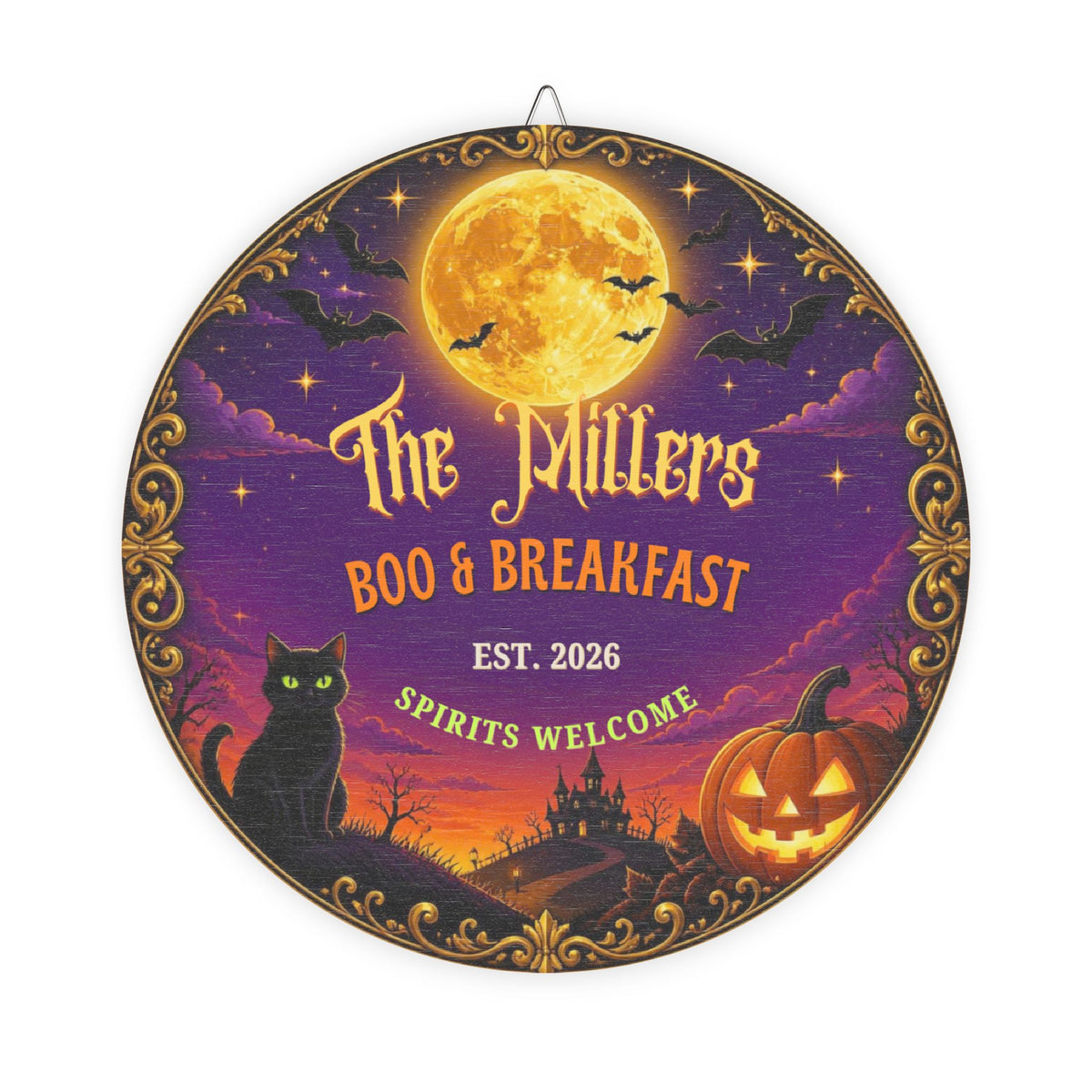 Personalized Halloween Family Name Sign, Boo and Breakfast Round Wood Door Sign, Custom Spooky Porch Decor, Halloween Gift