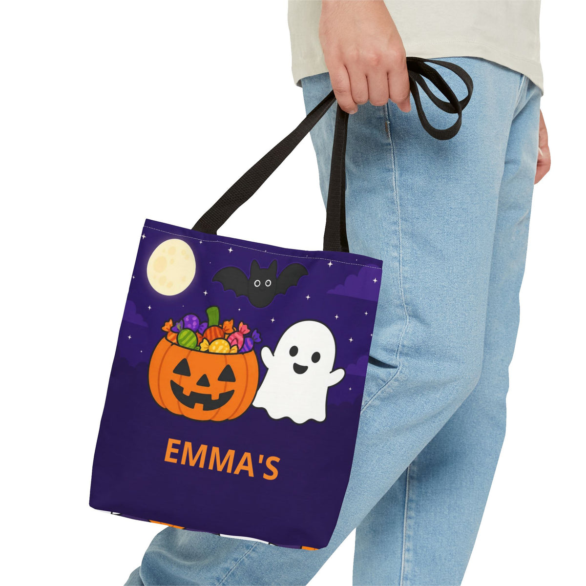 Personalized Trick or Treat Bag, Kids Halloween Tote With Name, Custom Candy Bag, Cute Pumpkin Ghost Treat Bag, Halloween Basket for Kids
