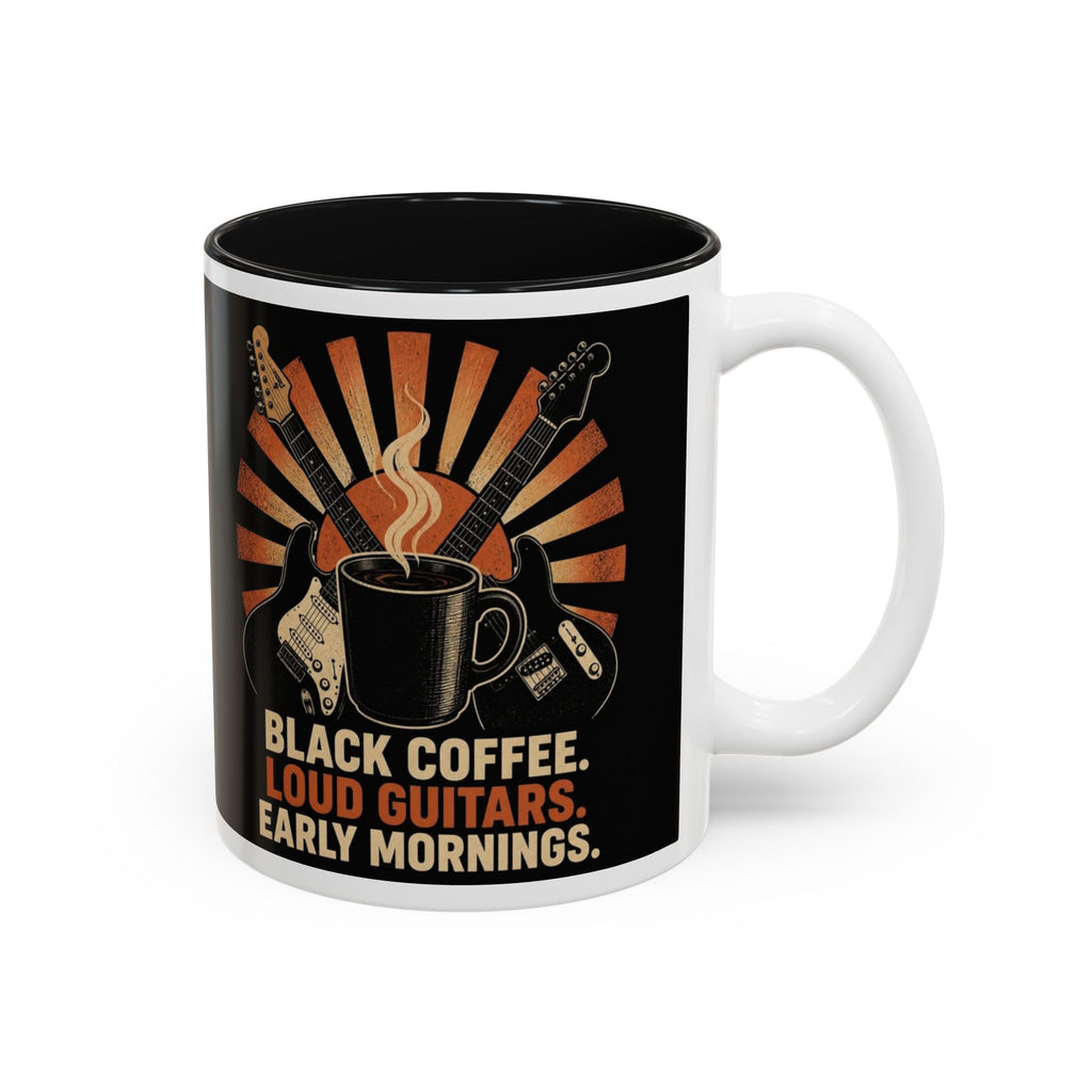 Black Coffee Loud Guitars Early Mornings Mug, Guitar Player Coffee Mug, Rock and Roll Cup, Musician Gift, Guitarist Gift for Him