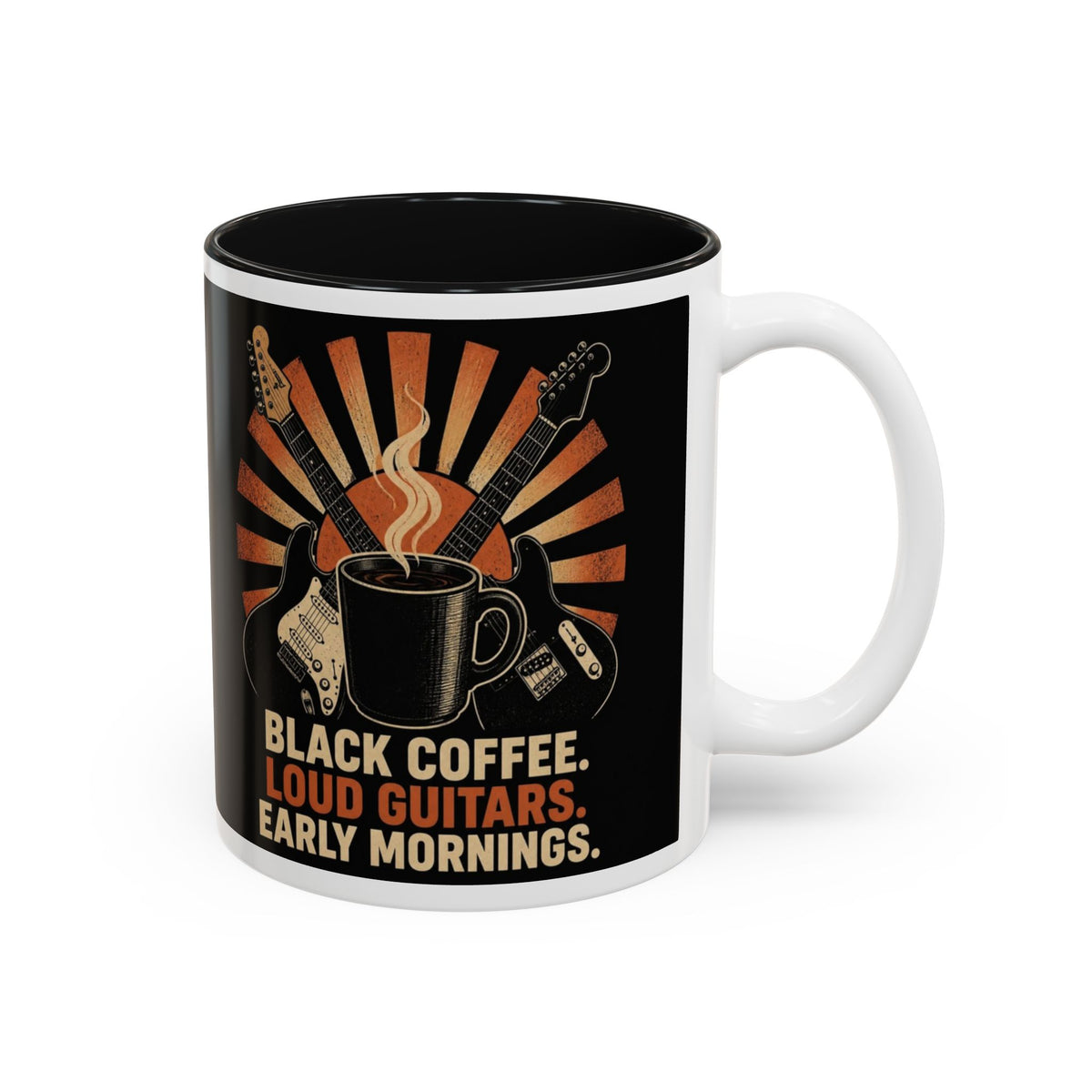 Black Coffee Loud Guitars Early Mornings Mug, Guitar Player Coffee Mug, Rock and Roll Cup, Musician Gift, Guitarist Gift for Him