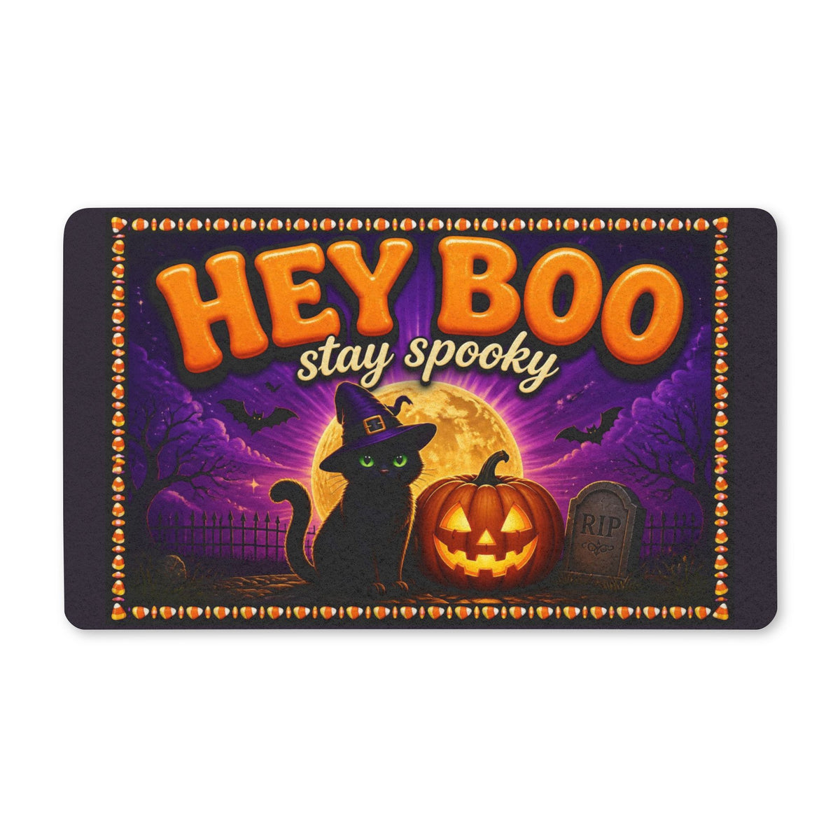 Hey Boo Halloween Doormat, Black Cat Witch Hat Door Mat, Spooky Front Porch Decor, Jack O Lantern Welcome Mat, Cute Halloween Decor