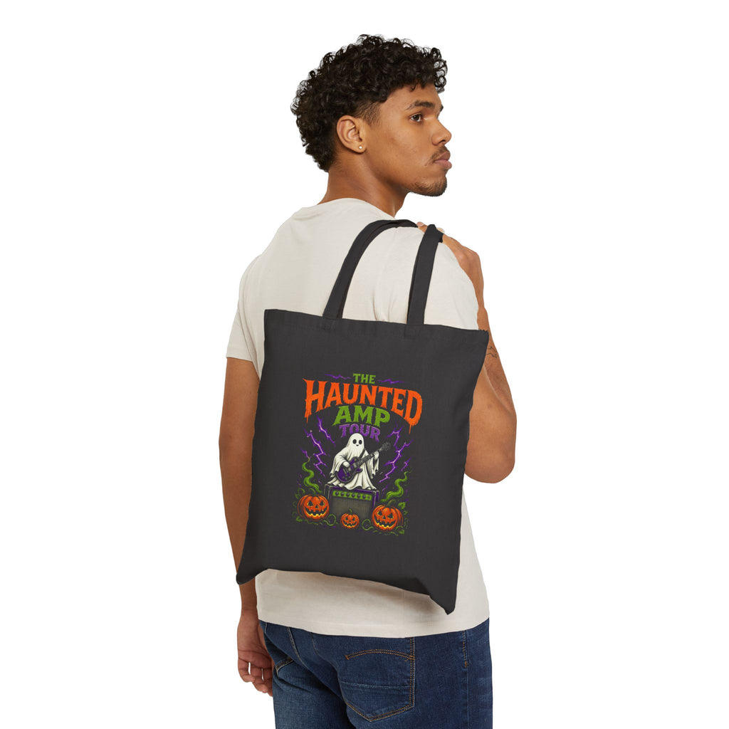 Haunted Amp Tour Halloween Tote Bag, Ghost Guitar Canvas Tote, Spooky Rock and Roll Bag, Trick or Treat Bag, Musician Gift