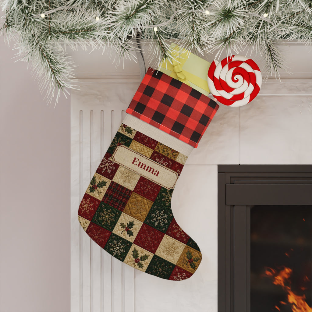 Personalized Christmas Stocking, Custom Name Stocking, Patchwork Quilt Stocking, Buffalo Plaid Cuff, Family Stockings, Kids Name Stocking
