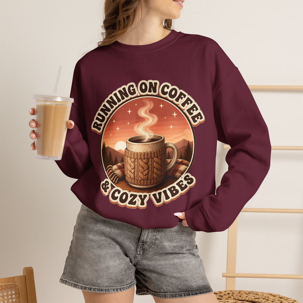 Running on Coffee and Cozy Vibes Sweatshirt, Coffee Lover Crewneck, Cozy Fall Sweatshirt, Retro Coffee Shirt, Gift for Coffee Lover