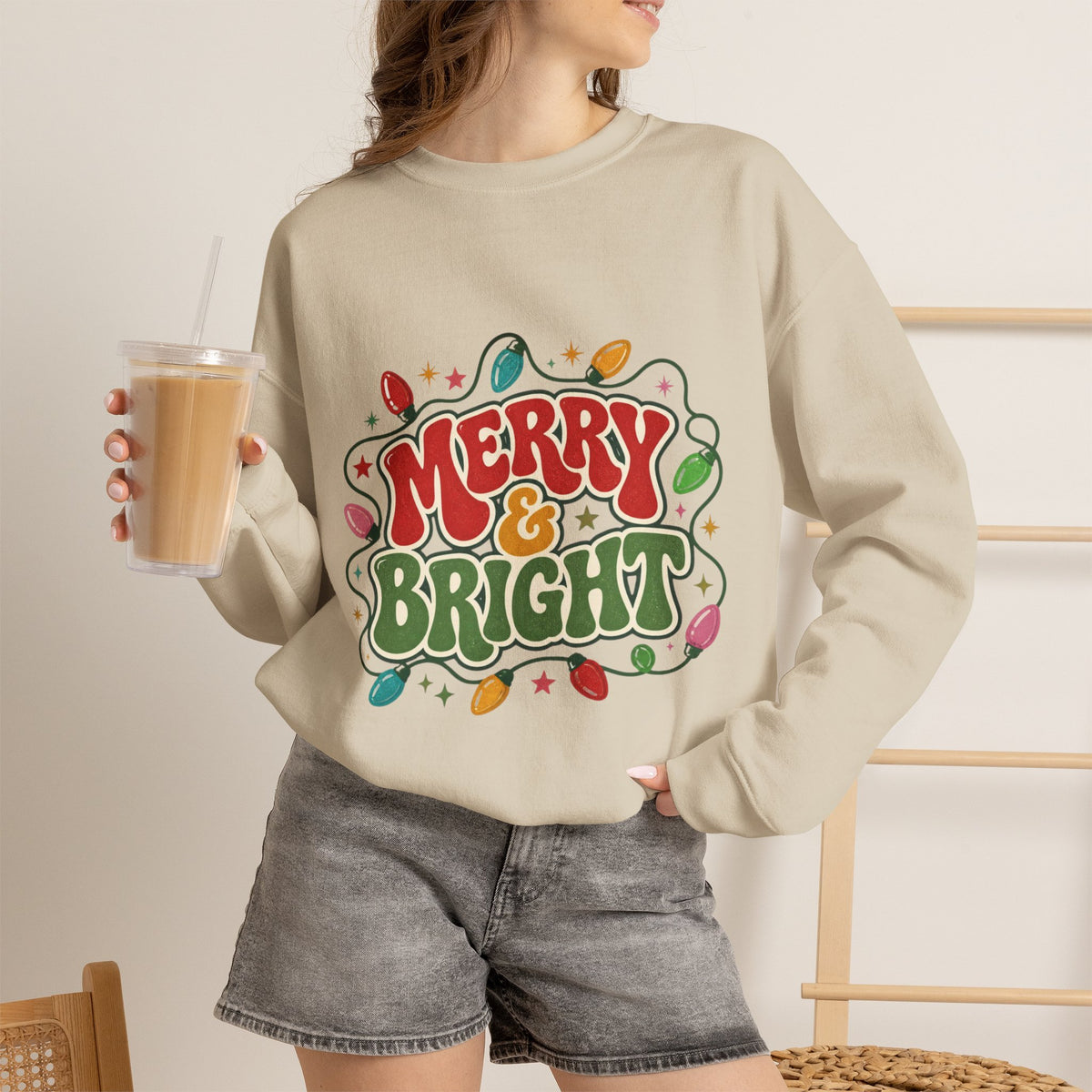 Merry and Bright Sweatshirt, Retro Christmas Crewneck, Groovy Christmas Lights Sweater, Vintage Holiday Shirt, Cute Xmas Gift