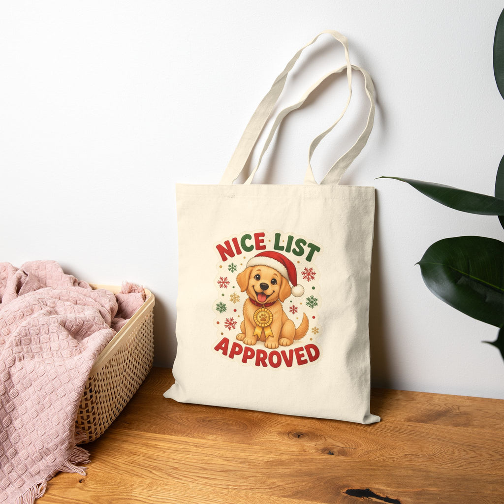 Nice List Approved Dog Tote Bag, Christmas Dog Canvas Tote, Golden Retriever Santa Bag, Dog Mom Gift, Dog Lover Christmas Tote