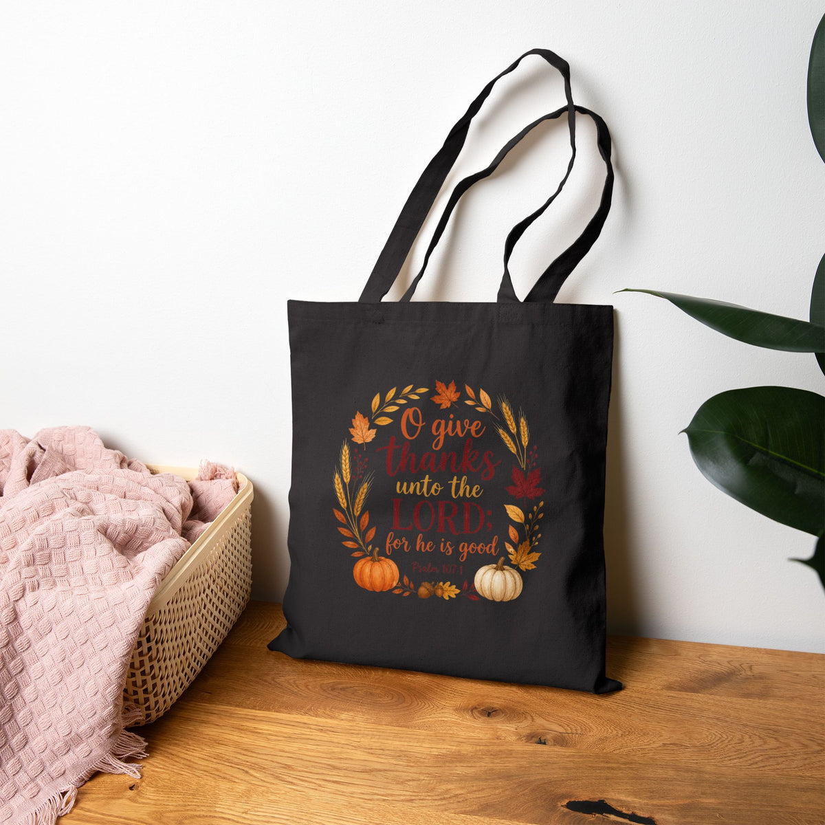 O Give Thanks Unto the Lord Tote Bag, Psalm 107:1 Thanksgiving Canvas Tote, Bible Verse Fall Bag, Christian Church Tote