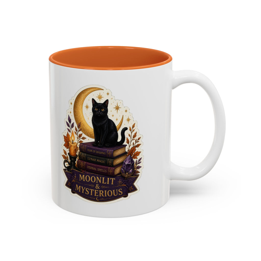 Moonlit and Mysterious Mug, Witchy Black Cat Coffee Mug, Crescent Moon Spell Book Cup, Halloween Witch Gift, Celestial Mug