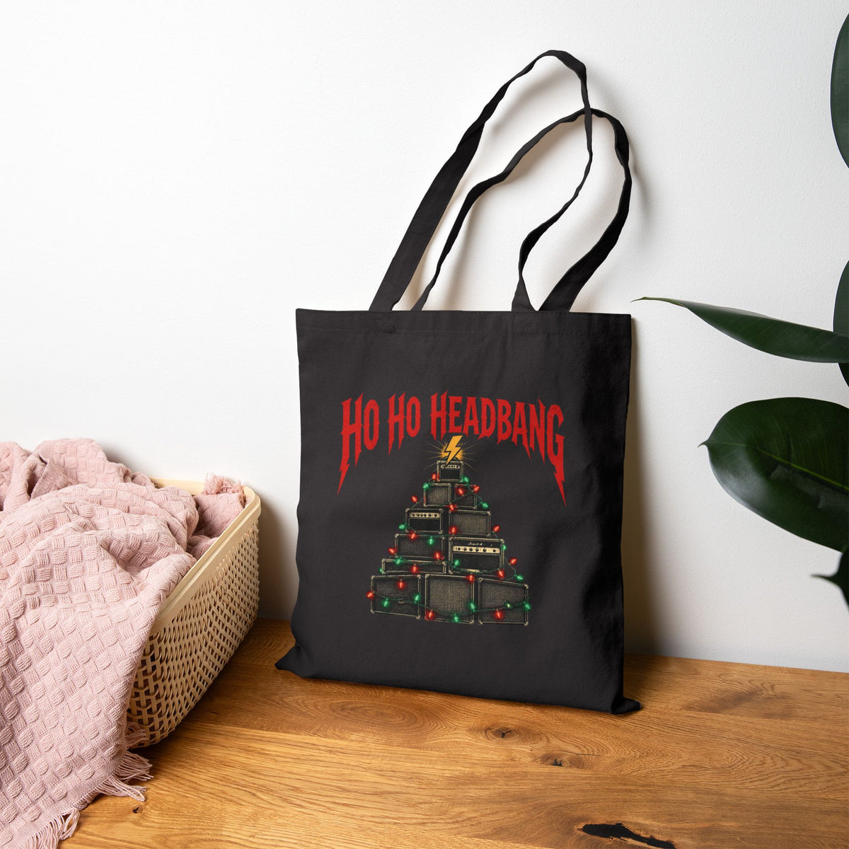 Ho Ho Headbang Tote Bag, Heavy Metal Christmas Canvas Tote, Rock and Roll Holiday Bag, Guitar Amp Christmas Tree, Metalhead Gift