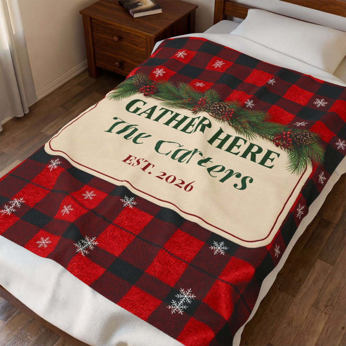 Personalized Christmas Blanket, Gather Here Family Name Throw, Buffalo Plaid Blanket, Custom Christmas Gift, Established Year Plush Throw