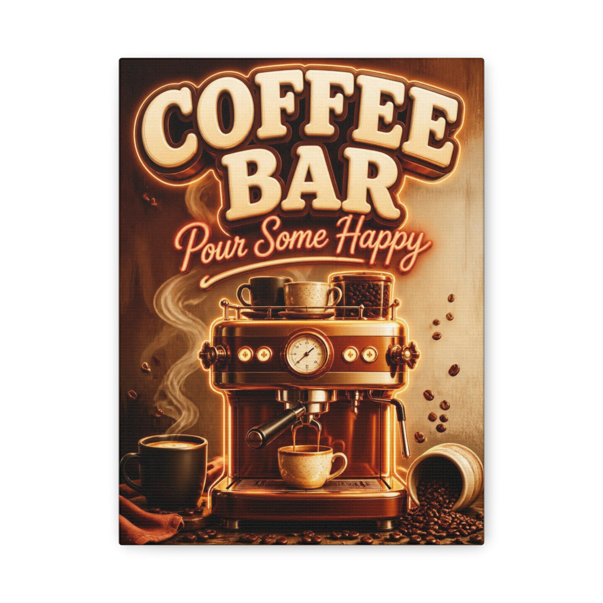 Coffee Bar Sign Canvas, Pour Some Happy Wall Art, Retro Espresso Kitchen Decor, Coffee Station Print, Coffee Lover Gift, Vertical Canvas