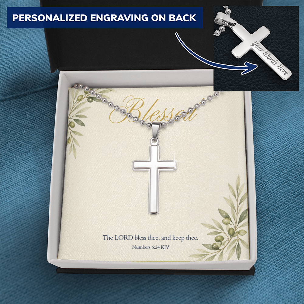 Personalized Cross Necklace, Engraved Cross Pendant with Blessed KJV Verse Card, Christian Faith Gift for Her