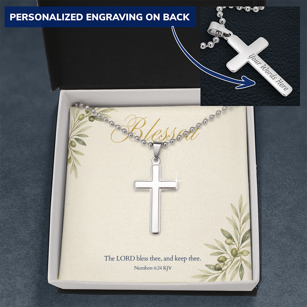 Personalized Cross Necklace, Engraved Cross Pendant with Blessed KJV Verse Card, Christian Faith Gift for Her