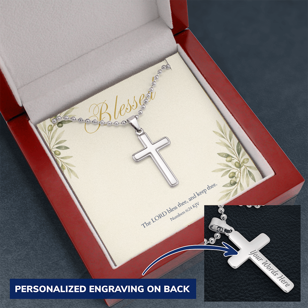 Personalized Cross Necklace, Engraved Cross Pendant with Blessed KJV Verse Card, Christian Faith Gift for Her