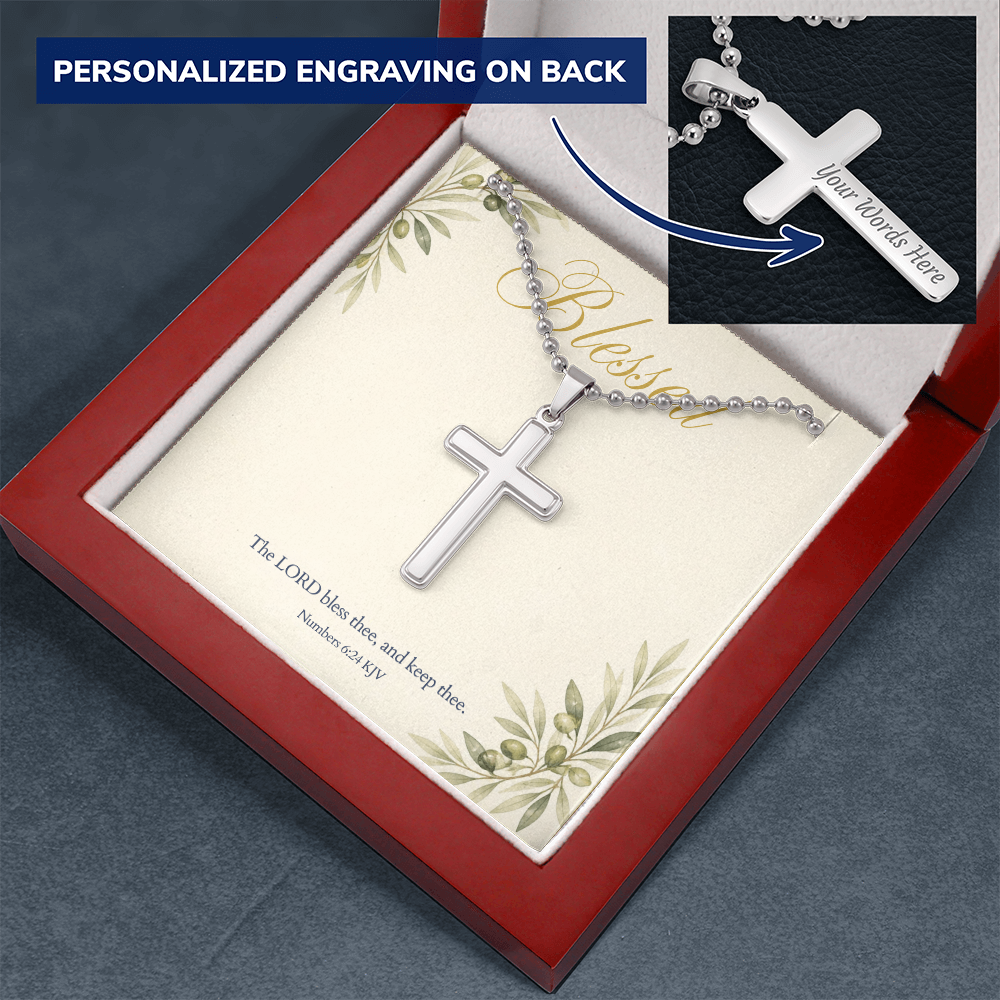 Personalized Cross Necklace, Engraved Cross Pendant with Blessed KJV Verse Card, Christian Faith Gift for Her