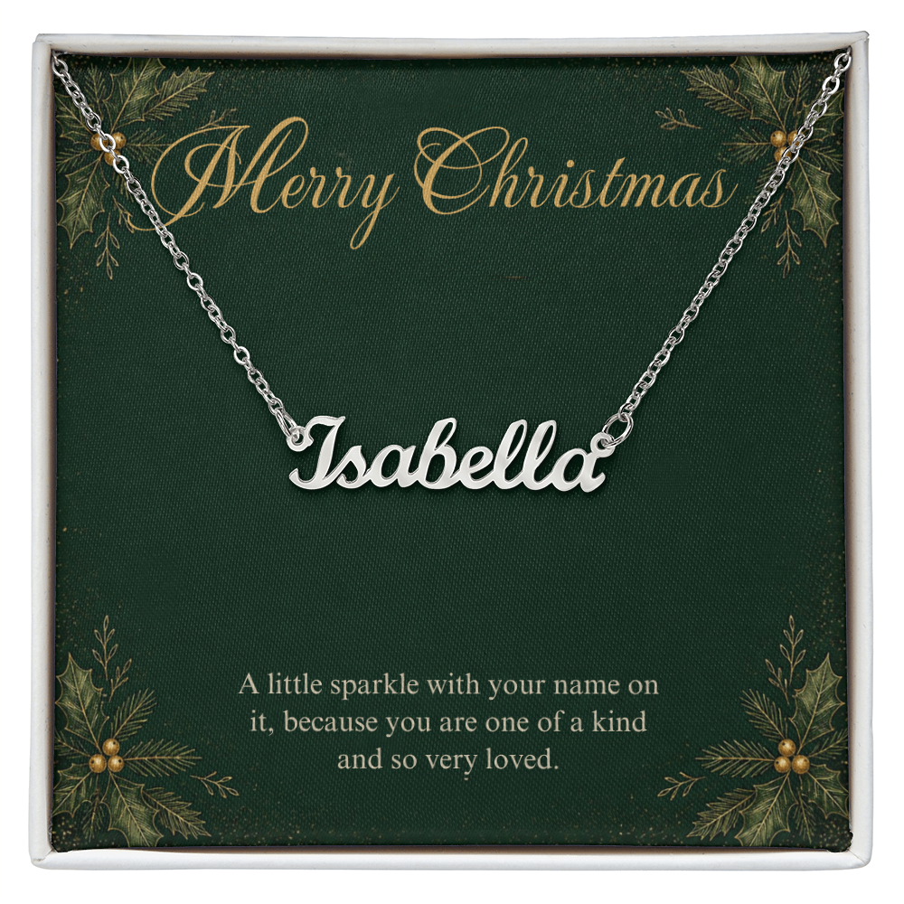 Personalized Name Necklace Christmas Gift, Custom Cursive Name Necklace with Merry Christmas Card