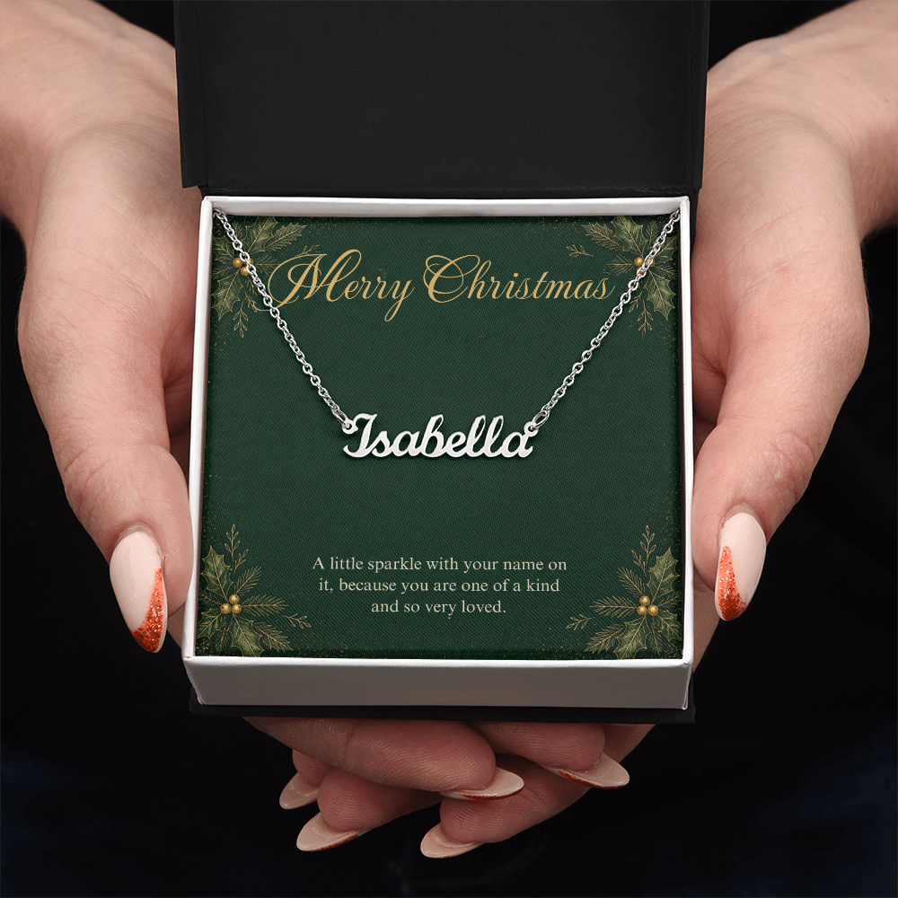 Personalized Name Necklace Christmas Gift, Custom Cursive Name Necklace with Merry Christmas Card