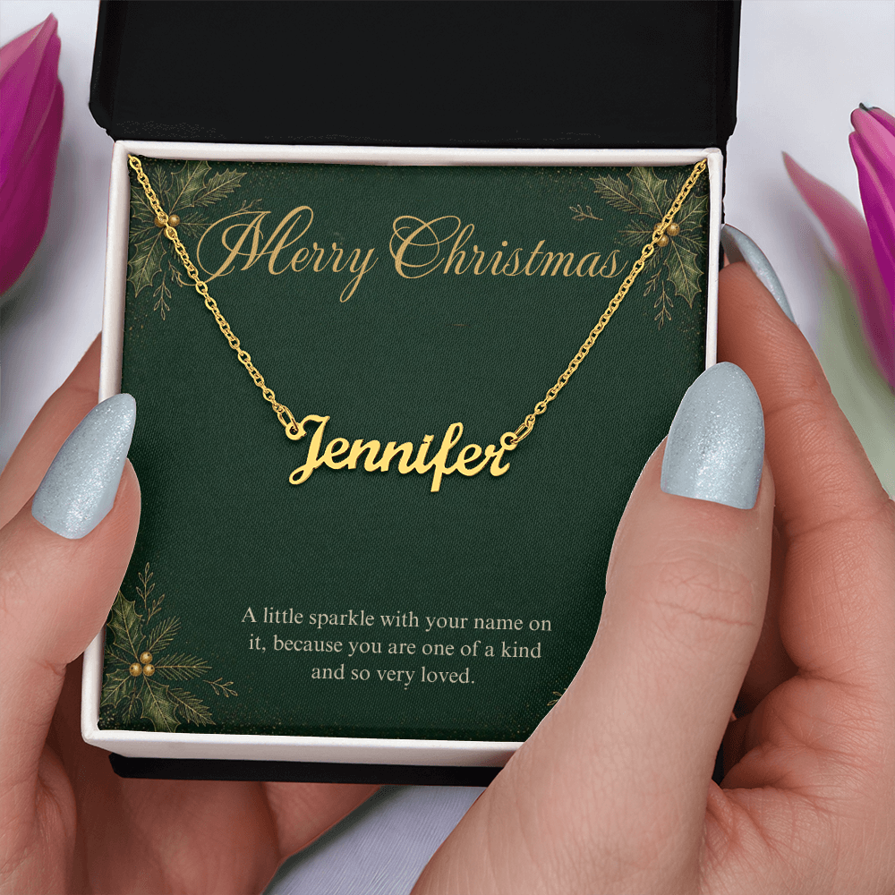 Personalized Name Necklace Christmas Gift, Custom Cursive Name Necklace with Merry Christmas Card