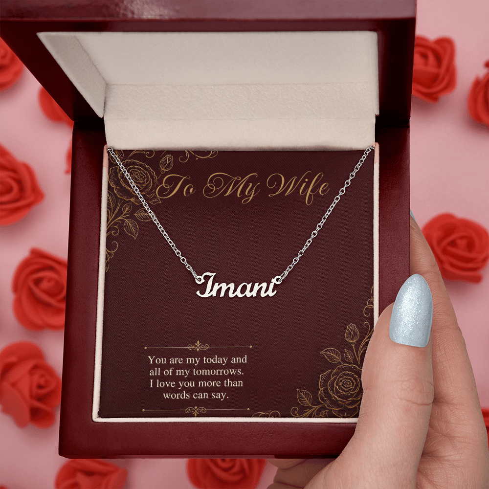 Name Necklace for Wife, Personalized Cursive Name Necklace with To My Wife Card, Anniversary or Christmas Gift for Wife