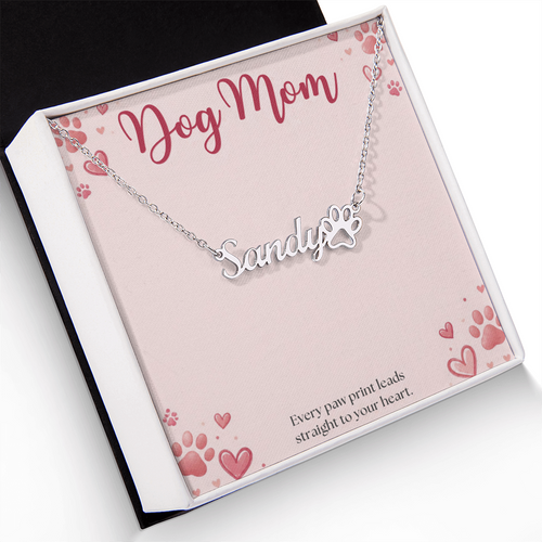 Dog Mom Necklace, Personalized Paw Print Name Necklace with Dog Mom Card, Custom Pet Name Jewelry, Dog Lover Gift